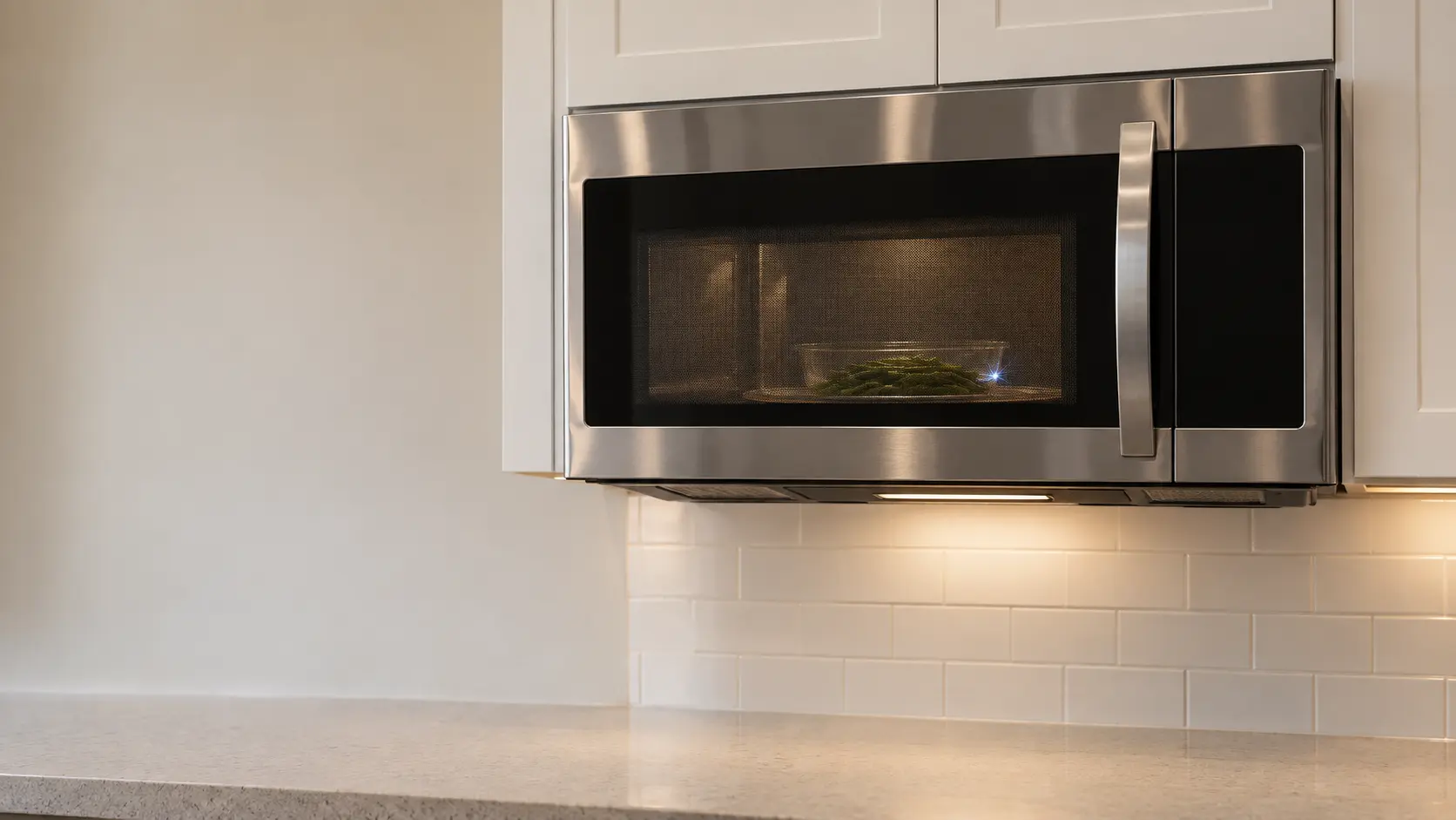 A stainless microwave hood combination under white wall cabinets in a US home kitchen, a small blue spark visible through the closed microwave door window beside a plain glass dish of green beans on the glass turntable.