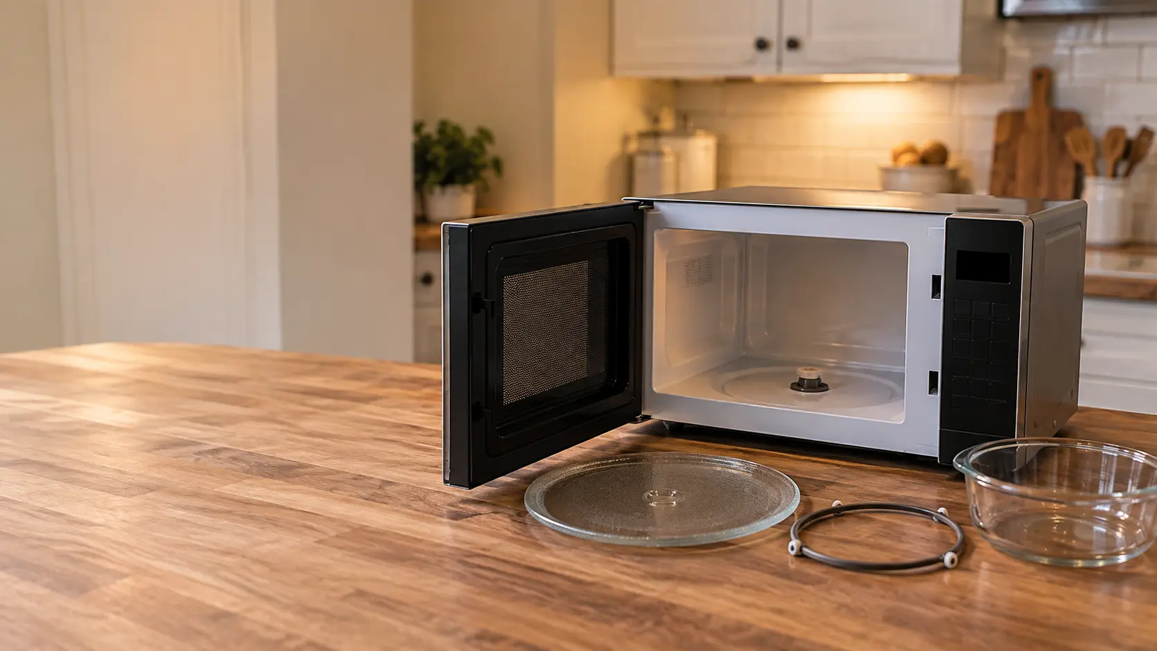 A countertop microwave on a butcher-block counter in a US home kitchen with its side-hinged door open, the glass turntable lifted out and resting beside the microwave next to its roller ring, a plain glass dish waiting on the counter.