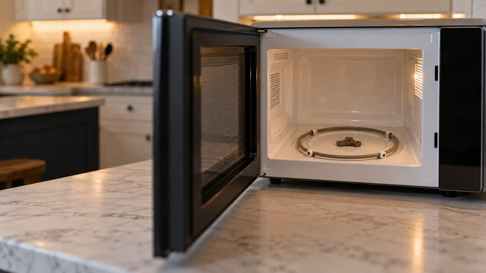 Close on the roller ring and the three-pronged coupler on the floor of an empty microwave cavity, the glass tray lifted out.