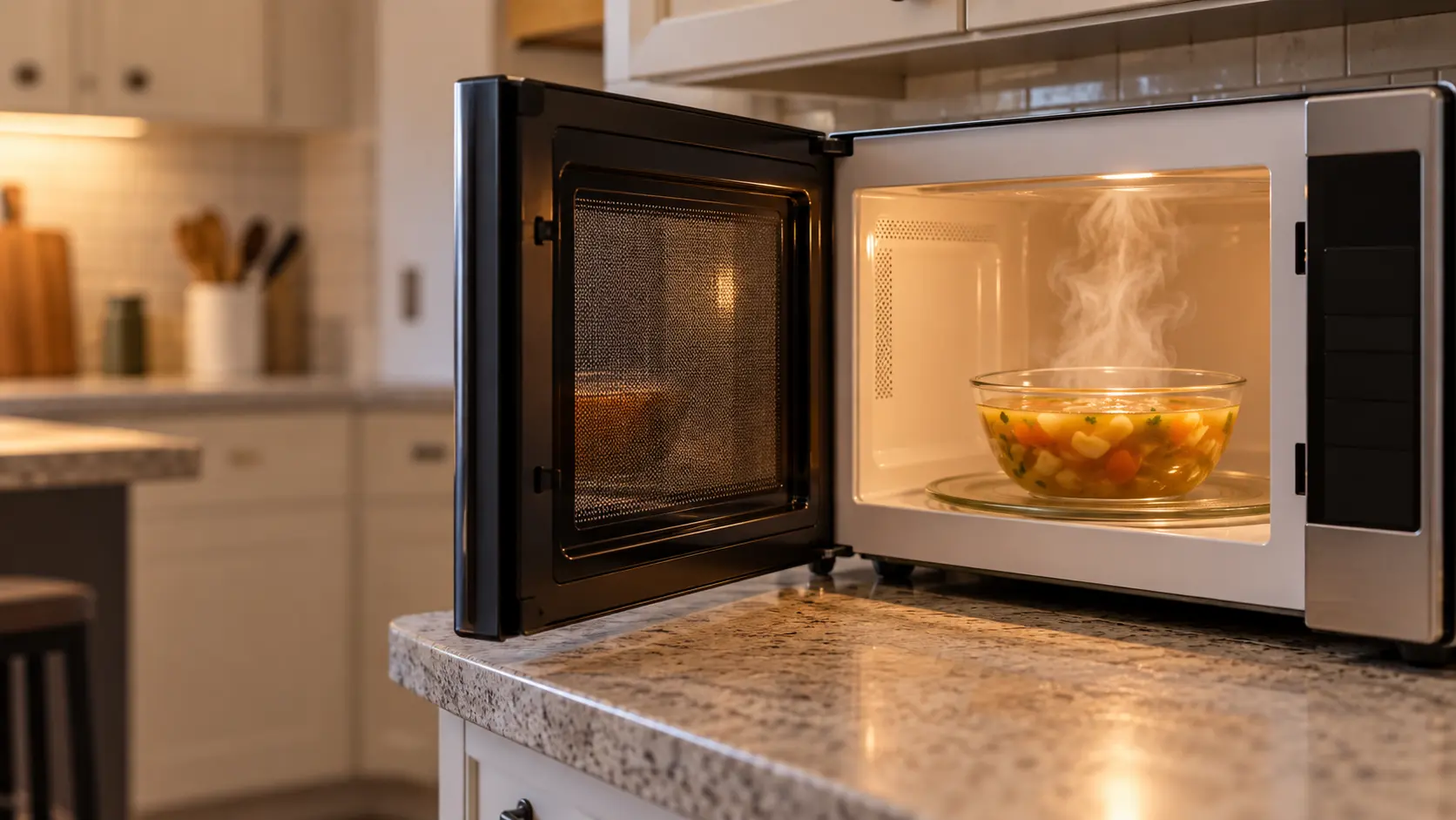 A glass bowl of soup on the turntable of an open microwave, steam rising, seen close.