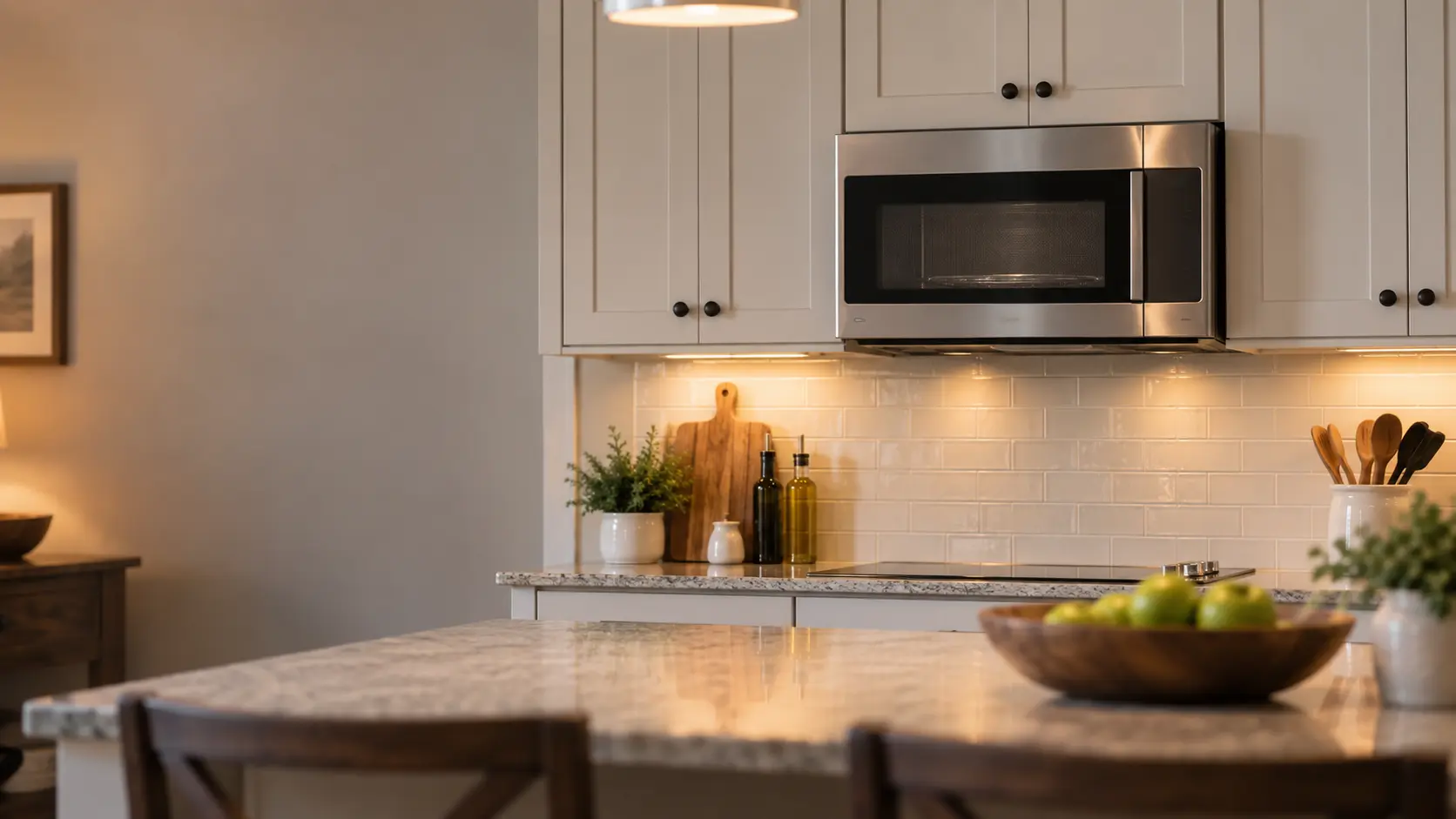 A family home's kitchen with a microwave hood combination above the counter, seen from across the room.