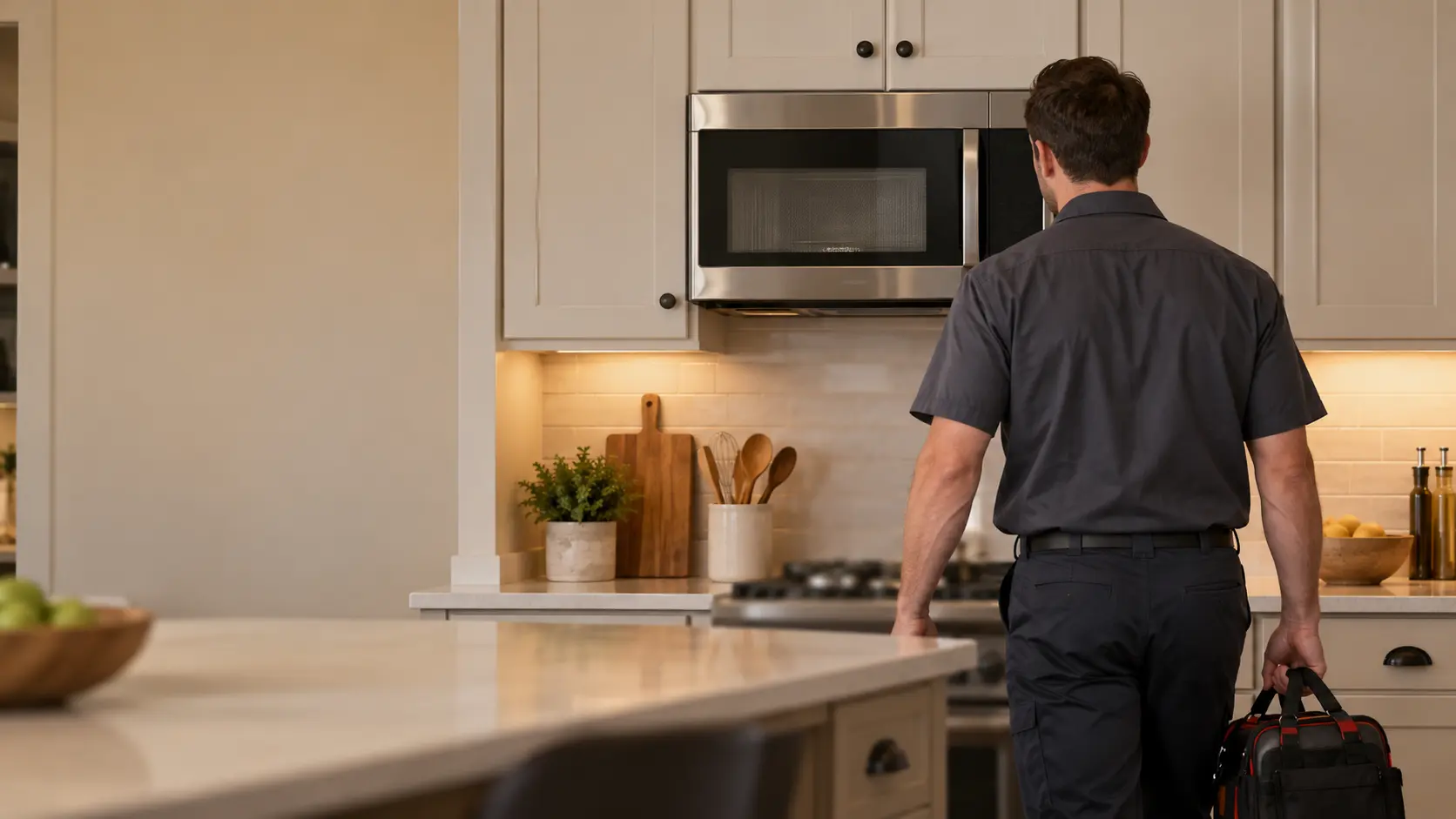 A technician arriving at a kitchen with a tool bag, a microwave hood combination on the wall, seen from behind.