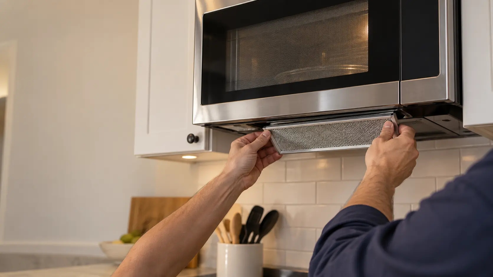 A technician's hands sliding a new metal grease filter into the underside of a microwave hood combination.
