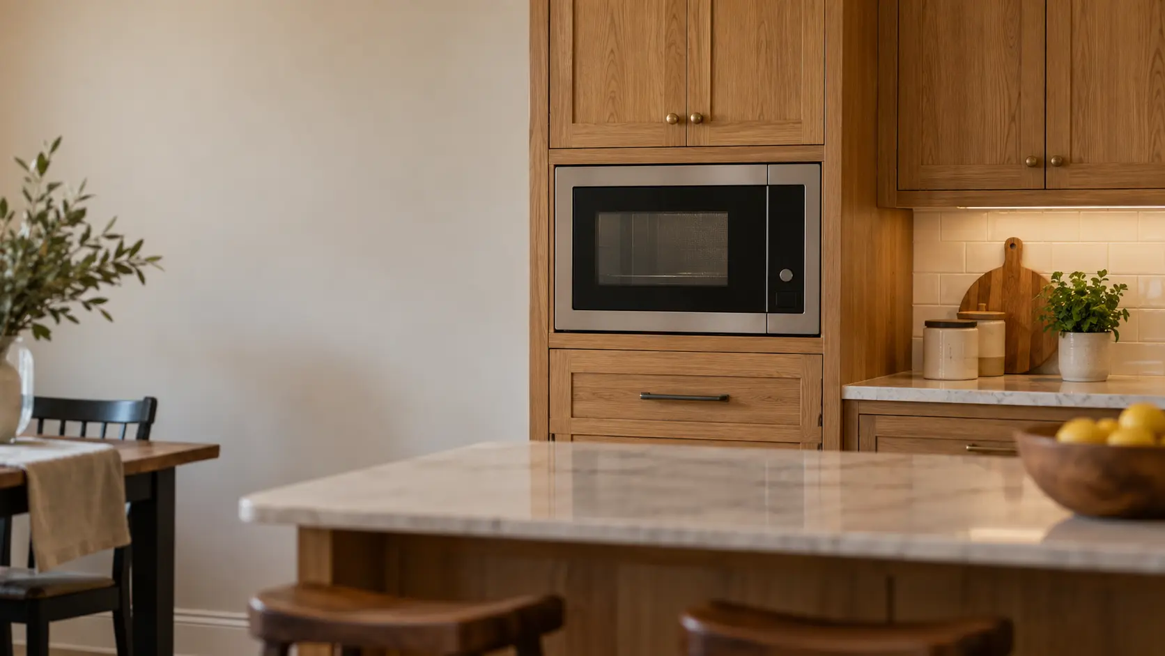 A Chicago bungalow's remodeled kitchen with a built-in microwave in oak cabinetry, seen from across the room.