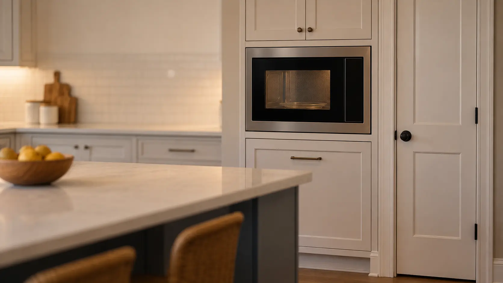 A Central Florida family kitchen with a built-in microwave in a tall cabinet beside the pantry, seen from across the room.