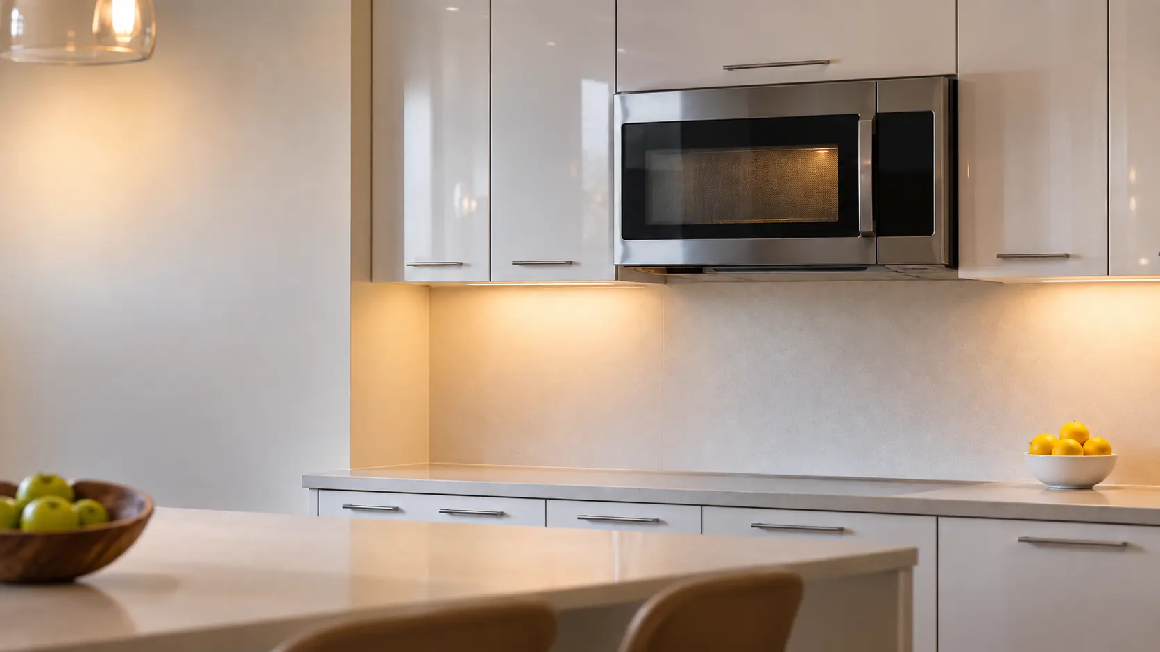 A Miami condo's galley kitchen with a microwave hood combination under glossy white cabinets, seen from across the room.