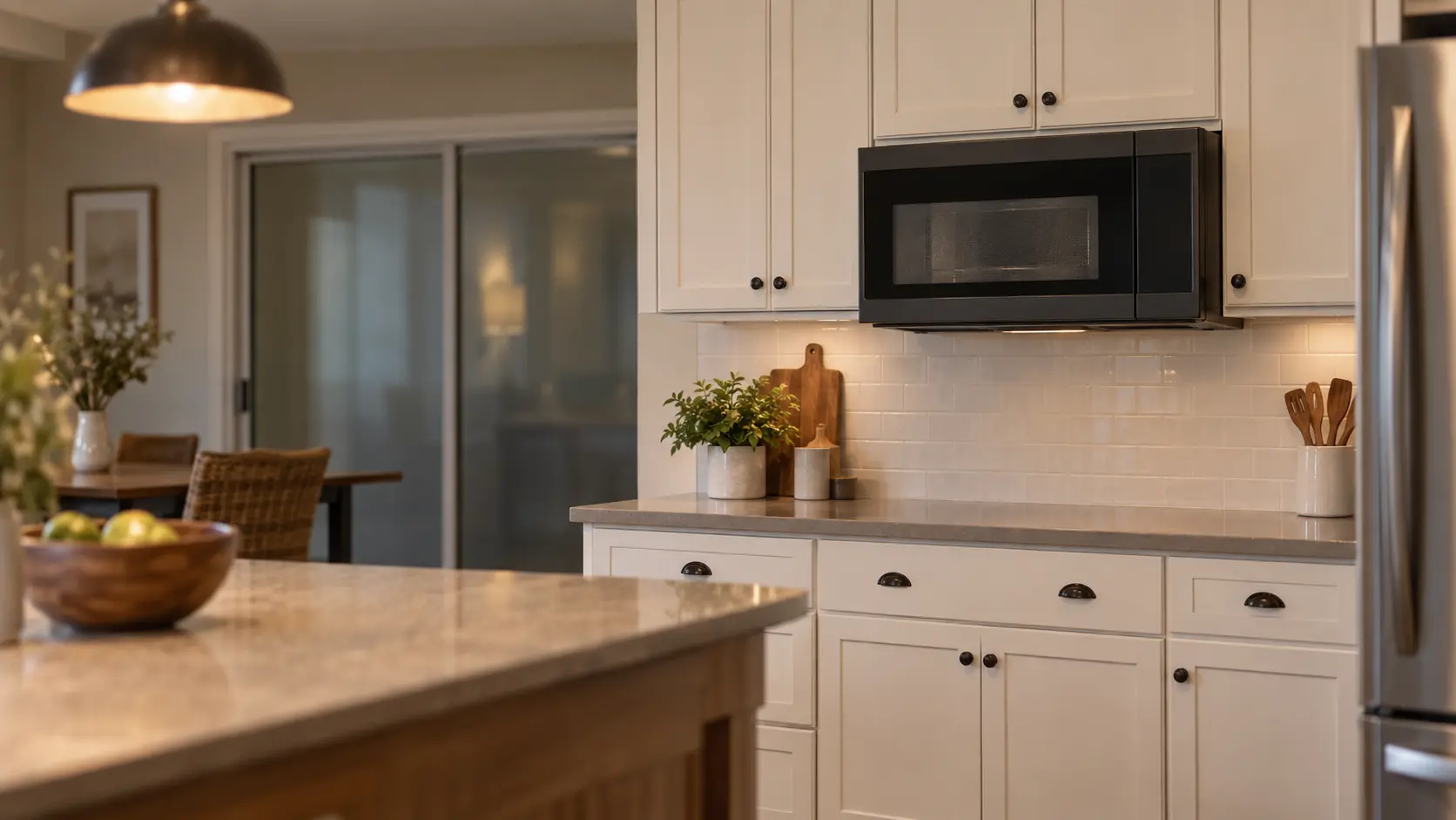 A Tampa Bay ranch home's kitchen with a microwave hood combination above the counter and a sliding door to the lanai closed, seen from across the room.